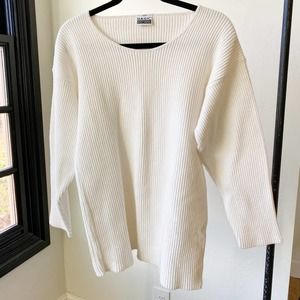 BASIC EDITIONS Women's Vintage White Cotton Ribbed Crew Neck Tunic Sweater sz S